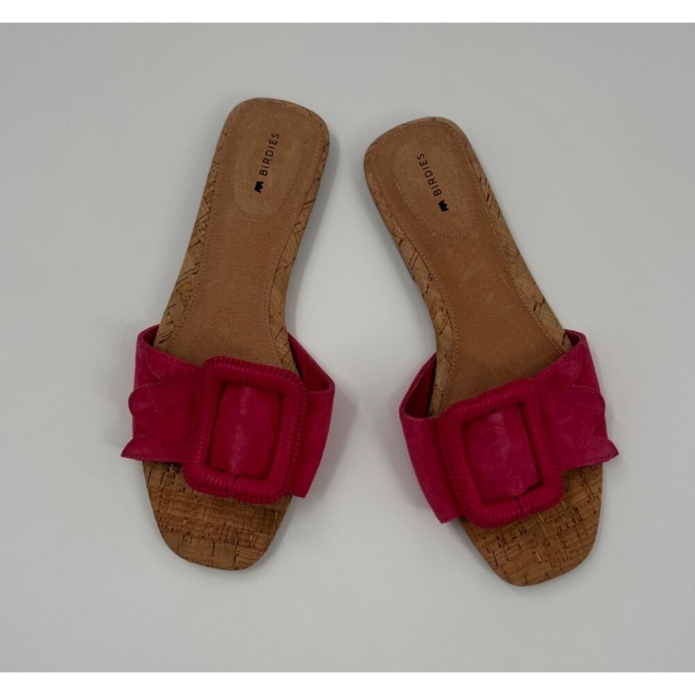 Birdies The Kiwi Ultra Pink Suede & Cork Slide Sandals With Large Buckle Size 8. - Picture 2 of 7